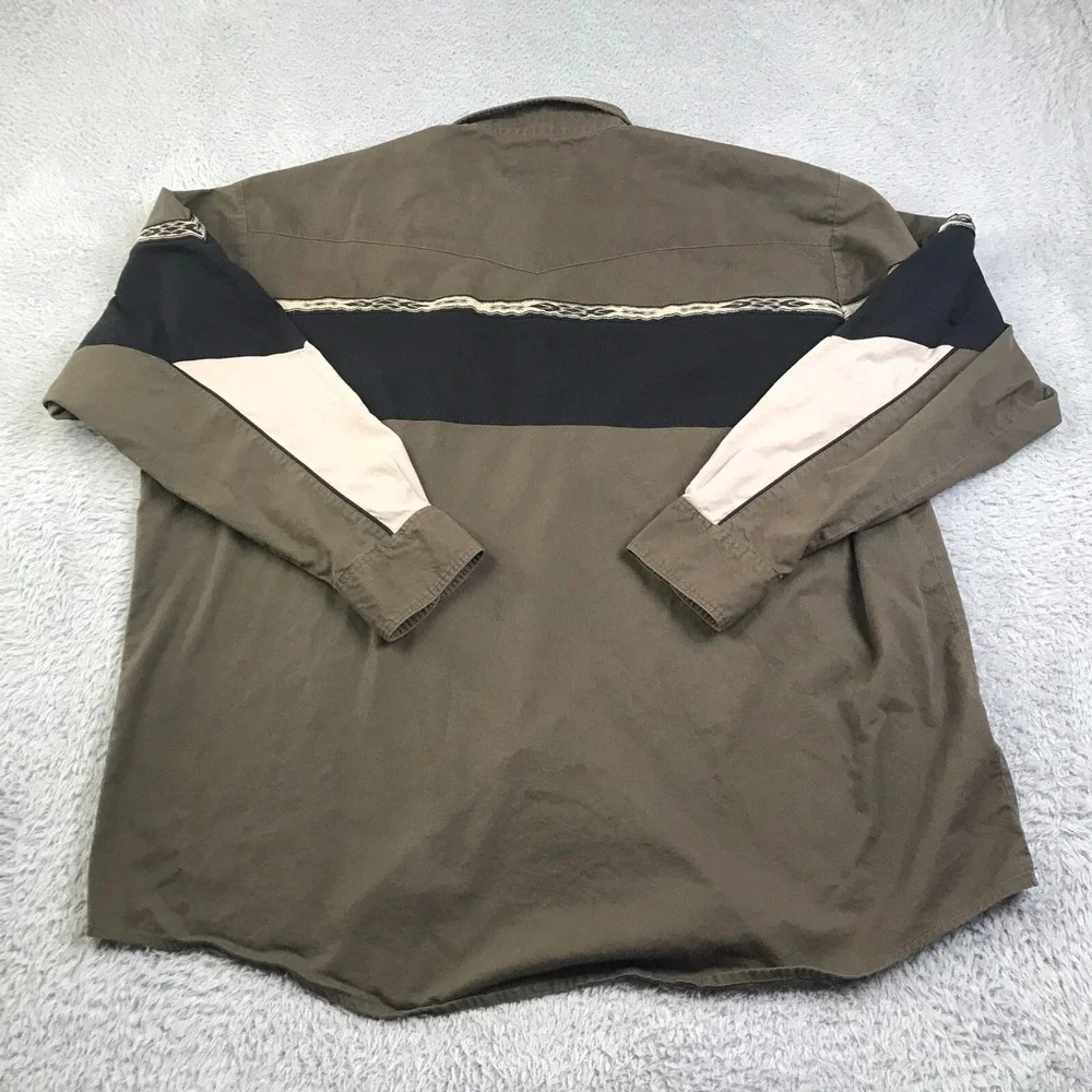 Wrangler Western Shirt Mens 2XL Olive Green Chest Sleeve Stripe Button Up‎ LS